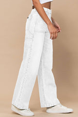White High Waist Flap Pocket Wide-Leg Jeans