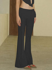 Pantalones acampanados con ribete de volantes vintage de color liso y cintura anudada