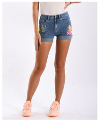 Shorts vaqueros con estampado de flores vintage