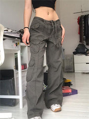 Pantalones cargo vintage grises de los años 90 con bolsillos cargo