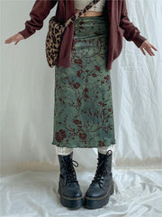 Grüner Midirock im Vintage-Stil mit Blumenmuster