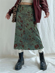 Grüner Midirock im Vintage-Stil mit Blumenmuster