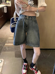 Shorts vaqueros azules retro de tiro alto y pierna ancha