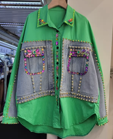 DIY Grün Peter Pan Kragen Falsche Zwei Stücke Patchwork Denim Tops Langarm