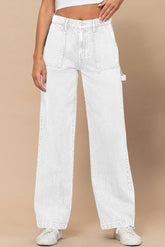 White High Waist Flap Pocket Wide-Leg Jeans