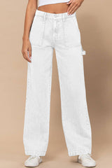 White High Waist Flap Pocket Wide-Leg Jeans