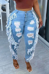 Ripped Fringe Trim High Waist Skinny Jeans