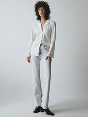 Faded Denim Raw Hem Modern Slit Straight Leg Jeans