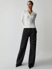 Trendy Jeans mit weitem Bein und Used-Look in Schwarz