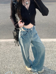 Zerrissene Vintage-Streetwear-Jeans mit weitem Bein und hoher Taille