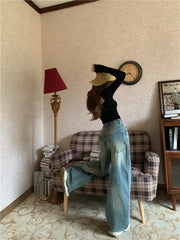 Vintage Street Fashion Faded Baggy Wide Leg Jeans