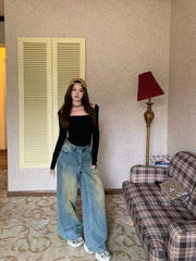 Vintage Street Fashion Faded Baggy Wide Leg Jeans