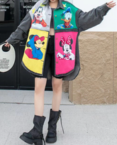 Art Denim Blau Peter Pan Kragen Cartoon Print Patchwork Button Shirts Langarm