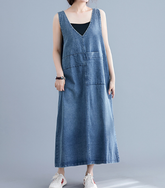 Vestido vintage de mezclilla azul con cuello en V y patchwork sin mangas