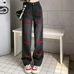 High Waist Black Hip-hop Style Wide Leg Jeans