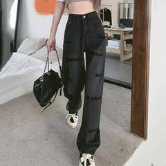 High Waist Black Hip-hop Style Wide Leg Jeans