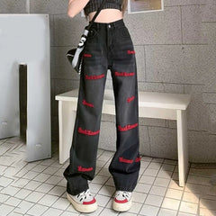 High Waist Black Hip-hop Style Wide Leg Jeans