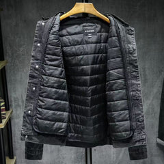 Patchwork print hooded denim jacket