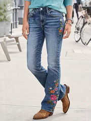 Embroidered slim fit low waist high elastic jeans