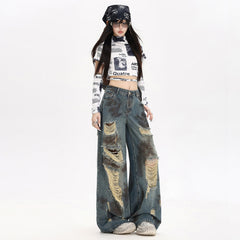 Ripped paint graffiti wide-leg jeans