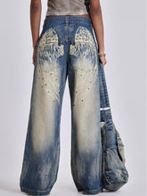 Distressed Gradient Wings Print Wide-Leg Denim