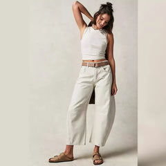 Casual Loose Wide-Leg Pants Mid-Waist Washed Denim Trousers