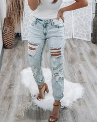 Sky Blue Light Wash Frayed Slim Fit High Waist Jeans