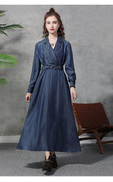 French Navy Peter Pan Collar Patchwork Tie Waist Denim Dress Long Sleeve