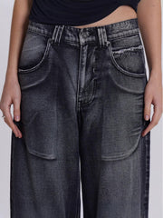 Distressed Gradient Wings Print Wide-Leg Denim
