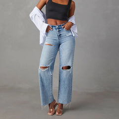 Sky Blue Light Wash Frayed Slim Fit High Waist Jeans