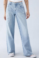 Loose Straight Jeans With Embroidered Side Raw Edges