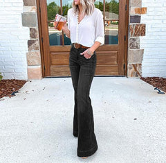 Flare Pants With Hight Waisted Stretch Denim Button  Jeans