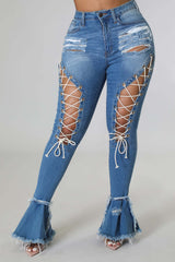 High Rise Lace Up Washed Denim Jeans