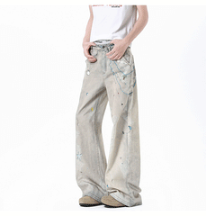 Ink-splattered straight-leg wide-leg trousers