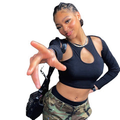 Long-Sleeved Cutout Umbilical Short T-Shirt Top