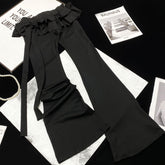 Solid Color Vintage Ruffled Trim Tie Up Flare Leg Pants