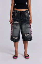 Retro pattern printed washed ripped denim capri pants