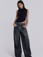 Distressed Gradient Wings Print Wide-Leg Denim