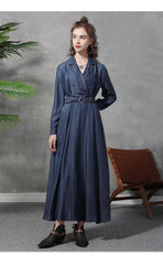 Vestido vaquero de manga larga con cuello Peter Pan y cintura anudada, estilo patchwork, color azul marino francés