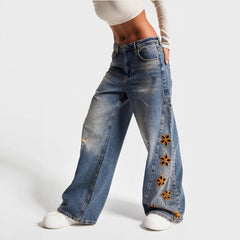 Embroidered high-waisted denim trousers