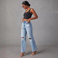 Sky Blue Light Wash Frayed Slim Fit High Waist Jeans