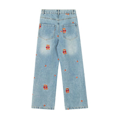 Solid color straight-leg casual jeans