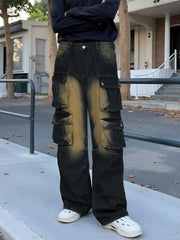 Loose straight-leg multi-pocket wide-leg jeans