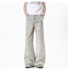 Ink-splattered straight-leg wide-leg trousers