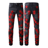 Red stars embroidery men jeans