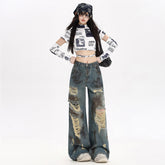 Ripped paint graffiti wide-leg jeans