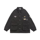 Striped denim jacket with patches