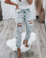 Sky Blue Light Wash Frayed Slim Fit High Waist Jeans