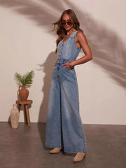 Casual V-neck sleeveless denim jumpsuit