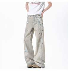 Ink-splattered straight-leg wide-leg trousers